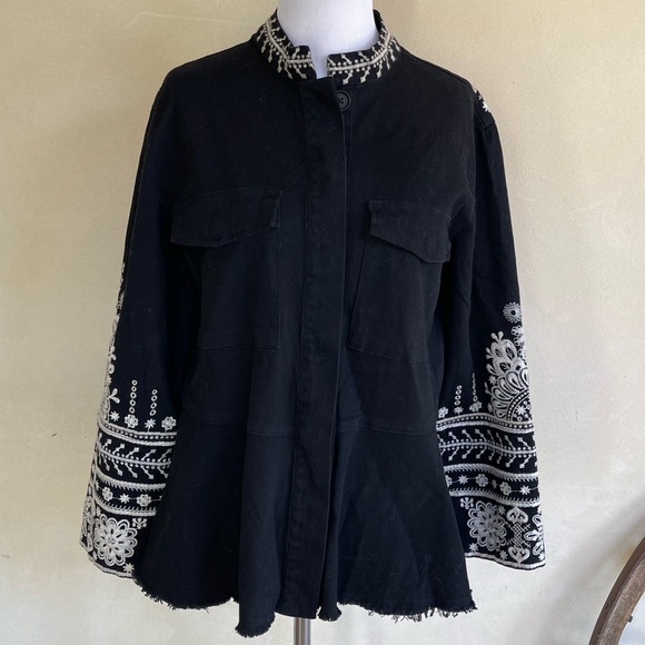 JOHNNY Was Embroidered Black Linen Style Full Button Front Jacket Woman’s M NWOT - Picture 2 of 12